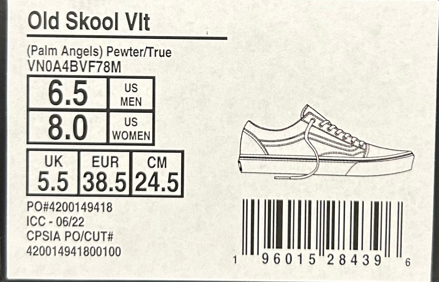 Palm Angels x Vans Old Skool Vlt Sz 6.5