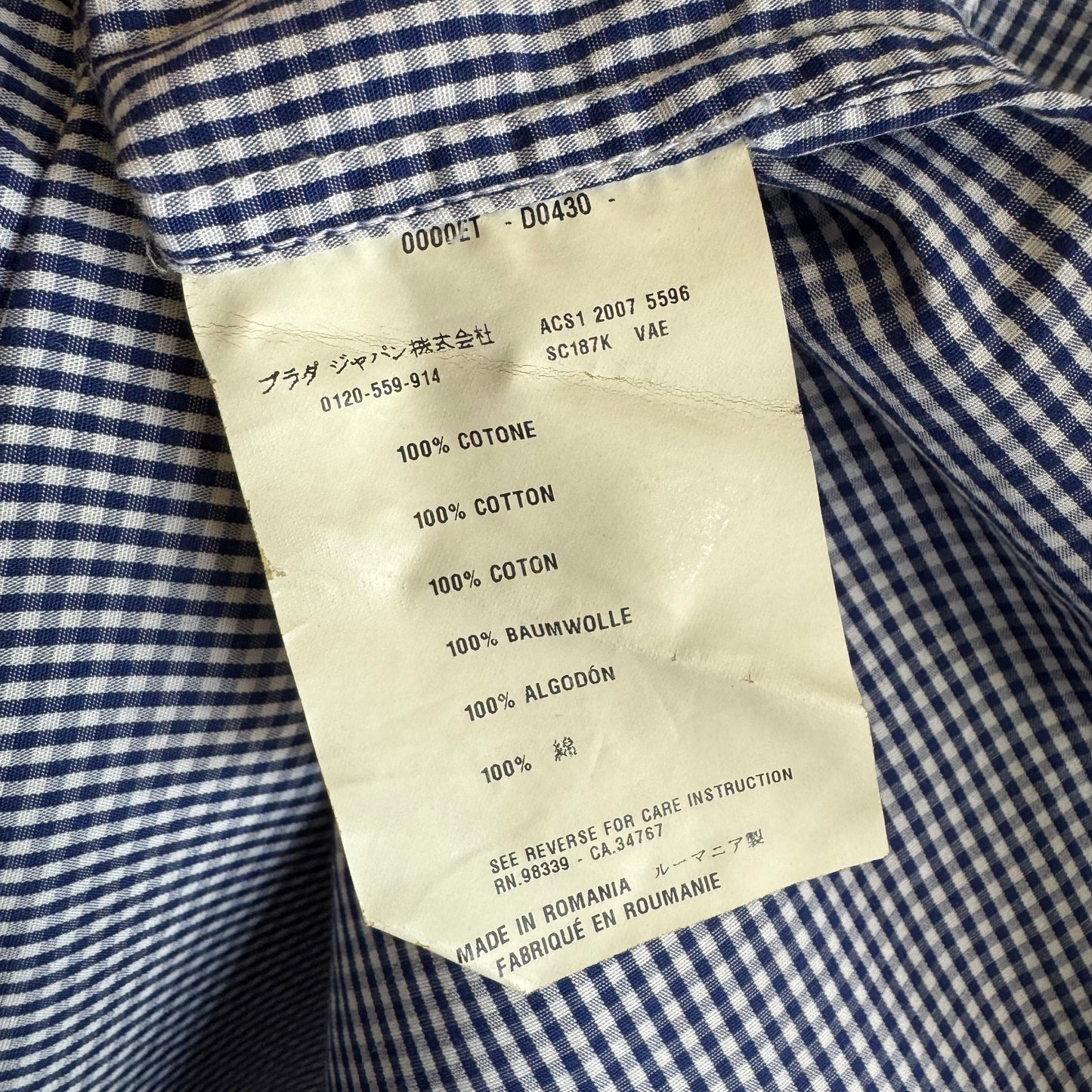 2007 Prada Gingham Check Cotton Shirt Sz 42