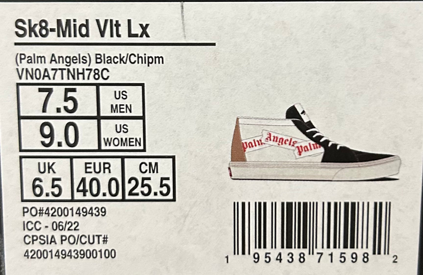 Palm Angels x Vans Sk8 Mid Vlt Lx Sz 7.5