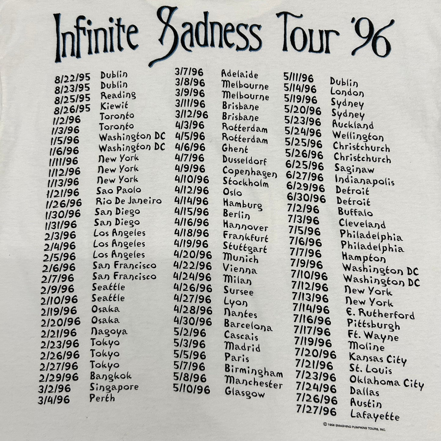 1996 Smashing Pumpkins Infinite Sadness Tour Tshirt Sz L