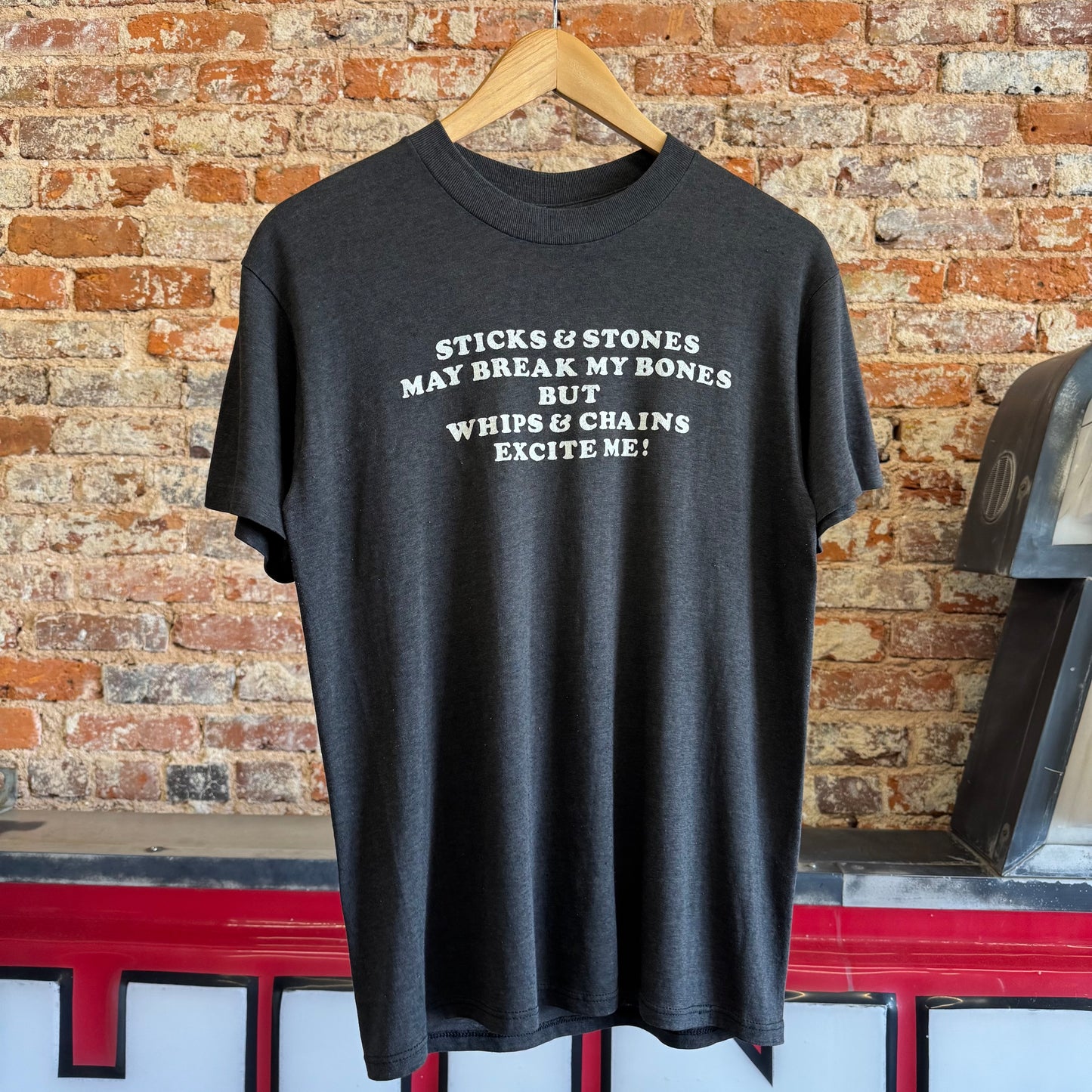 1980s “Sticks & Stones May Break Bones But Whips & Chains Excite Me!” T-Shirt L