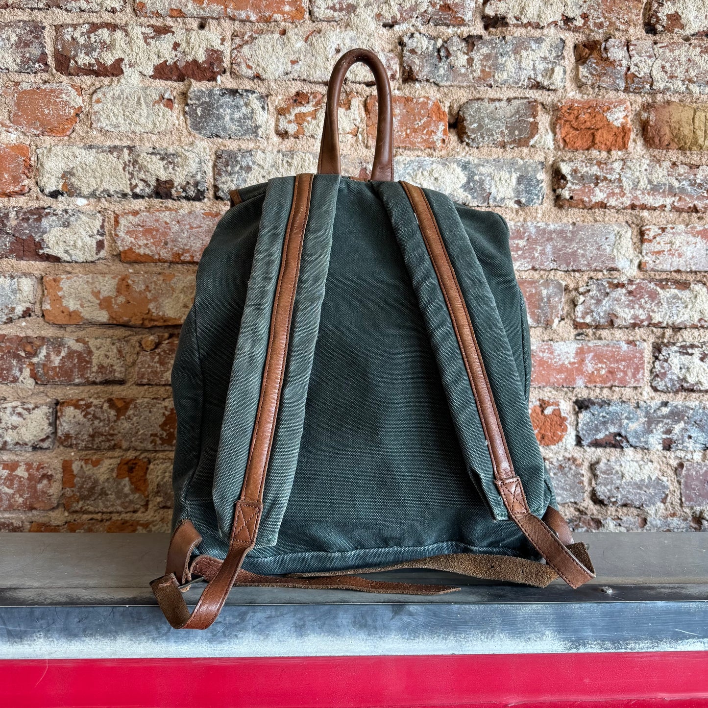 L.L.Bean Green Canvas Leather Rucksack Bag