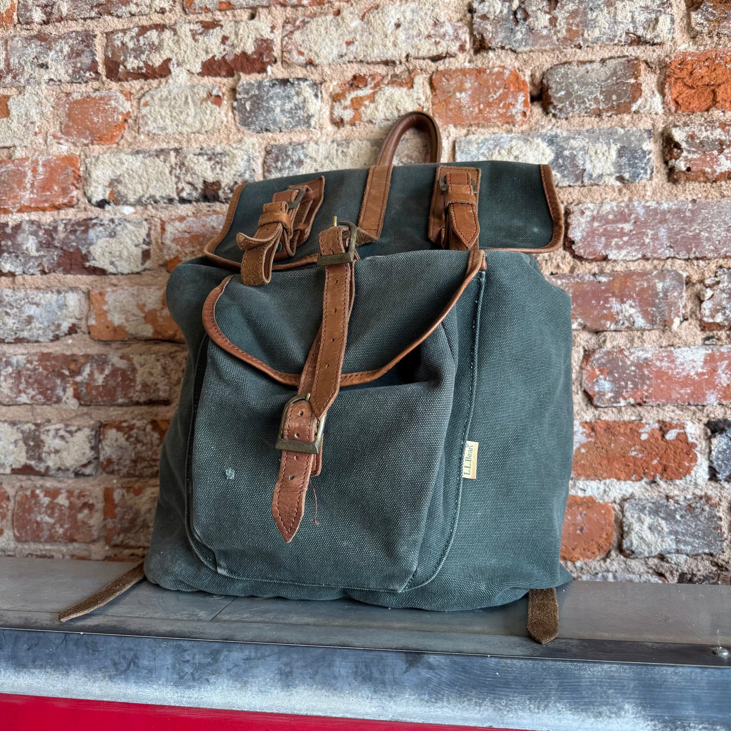 L.L.Bean Green Canvas Leather Rucksack Bag