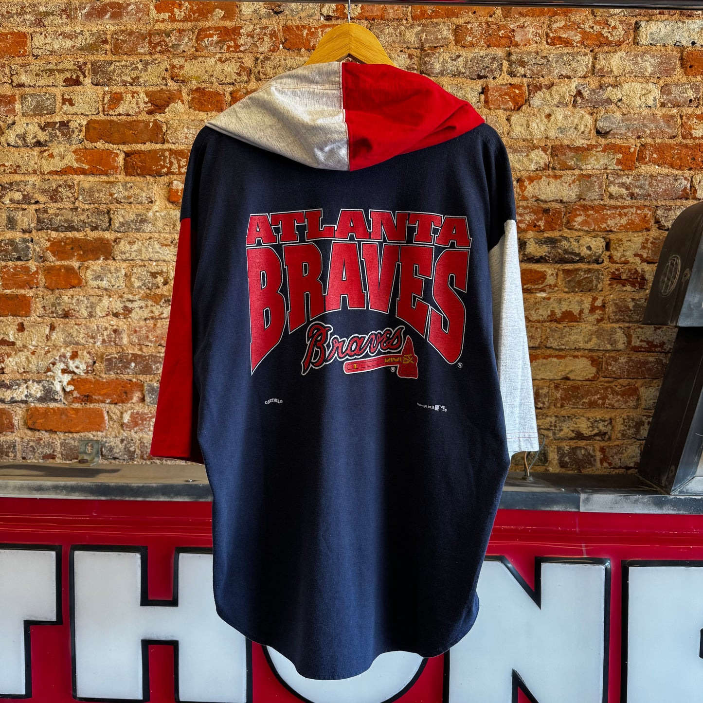 90s Atlanta Braves colorblock short sleeve hooded shirt L