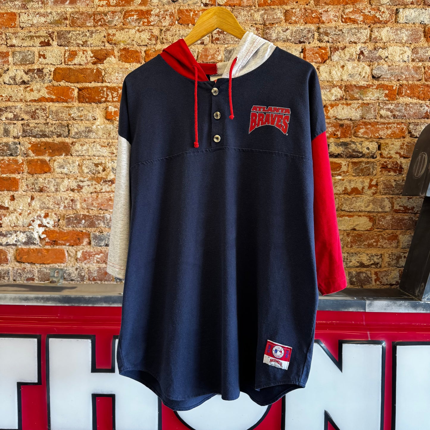 90s Atlanta Braves colorblock short sleeve hooded shirt L